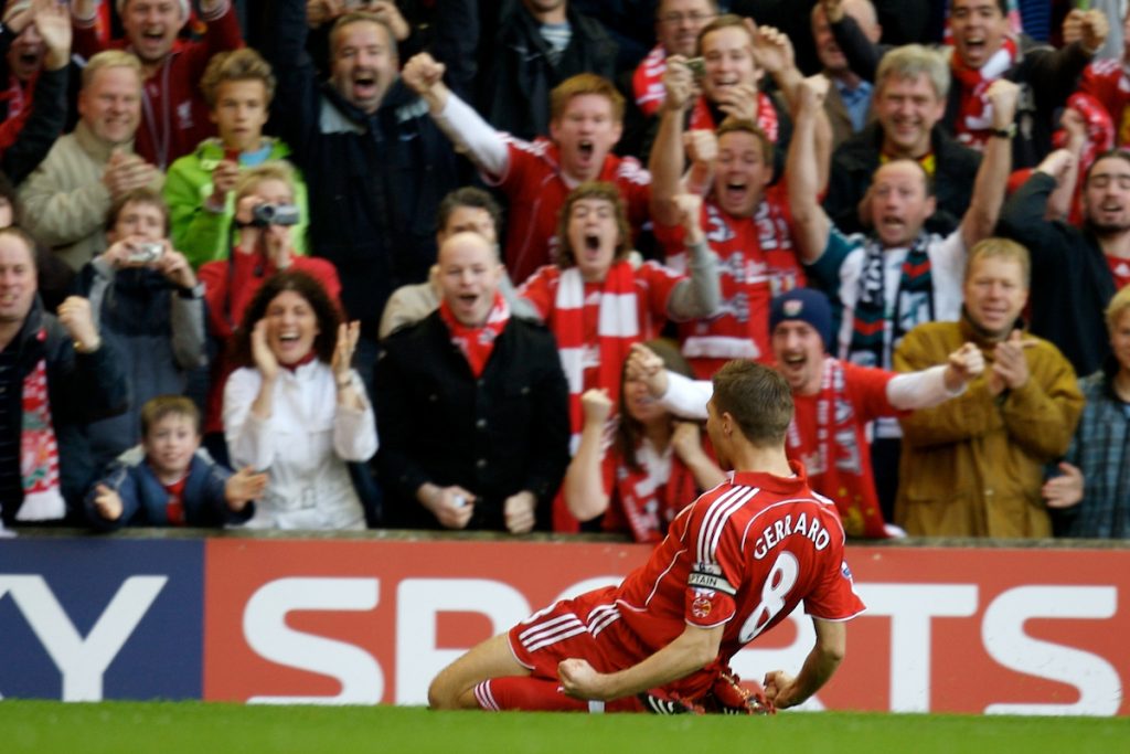 LIVERPOOL, ENGLAND - Sunday, October 28, 2007: Liverpool's captain Steven Gerrard MBE celebrates scoring the opening goal against Arsenal in front of the fans during the Premiership match at Anfield. (Photo by David Rawcliffe/Propaganda)