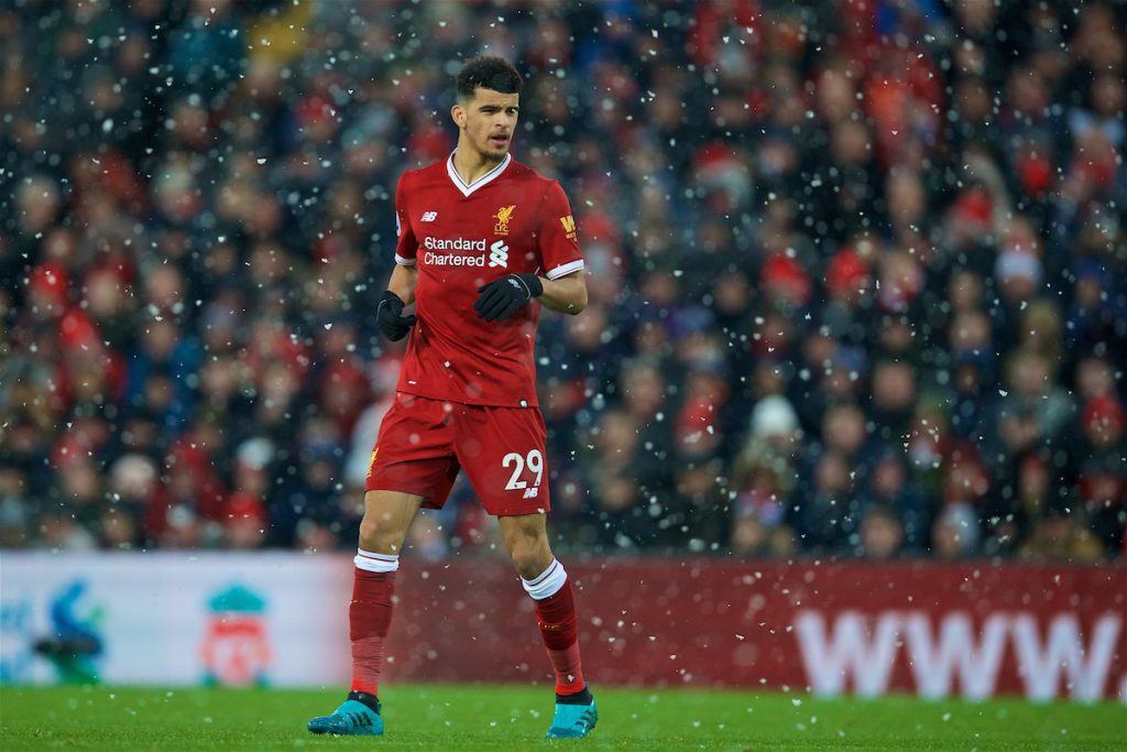 LIVERPOOL, ENGLAND - Sunday, December 10, 2017: Liverpool's Dominic Solanke during the FA Premier League match between Liverpool and Everton, the 229th Merseyside Derby, at Anfield. (Pic by David Rawcliffe/Propaganda)