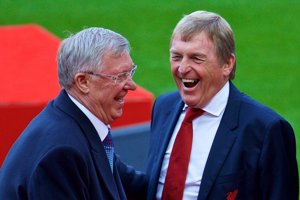 LIVERPOOL, ENGLAND - Friday, October 13, 2017: Kenny Dalglish shares a joke with former Manchester United manager Alex Ferguson after a ceremony to rename Liverpool FC's Centenary Stand the Kenny Dalglish Stand. (Pic by David Rawcliffe/Propaganda)