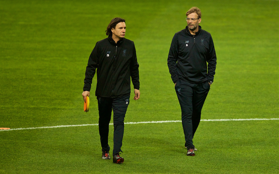 PORTO, PORTUGAL - Tuesday, February 13, 2018: Liverpool's manager J¸rgen Klopp and assistant manager Zeljko Buvac during a training session at the Est·dio do Drag„o ahead of the UEFA Champions League Round of 16 1st leg match between FC Porto and Liverpool FC. (Pic by David Rawcliffe/Propaganda)