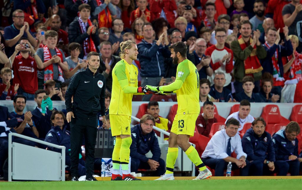 LIVERPOOL, ENGLAND - Tuesday, August 7, 2018: Liverpool's new signing goalkeeper Alisson Becker is replaced by substitute goalkeeper Loris Karius during the preseason friendly match between Liverpool FC and Torino FC at Anfield. (Pic by David Rawcliffe/Propaganda)