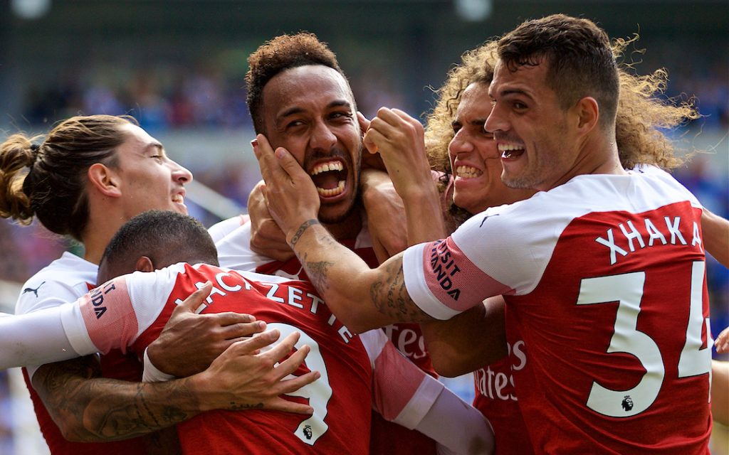 CARDIFF, WALES - Sunday, September 2, 2018: Arsenal's Pierre-Emerick Aubameyang celebrates scoring the second goal with team-mates during the FA Premier League match between Cardiff City FC and Arsenal FC at the Cardiff City Stadium. (Pic by David Rawcliffe/Propaganda)