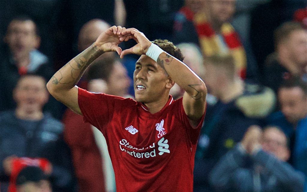 LIVERPOOL, ENGLAND - Tuesday, September 18, 2018: Liverpool's Roberto Firmino celebrates scoring the third goal during the UEFA Champions League Group C match between Liverpool FC and Paris Saint-Germain at Anfield. (Pic by David Rawcliffe/Propaganda)