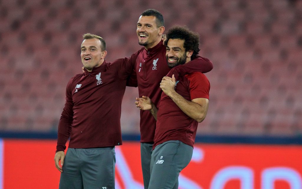 NAPLES, ITALY - Tuesday, October 2, 2018: Liverpool's L-R Xherdan Shaqiri, Dejan Lovren and Mohamed Salah during a training session ahead of the UEFA Champions League Group C match between S.S.C. Napoli and Liverpool FC at Stadio San Paolo. (Pic by David Rawcliffe/Propaganda)