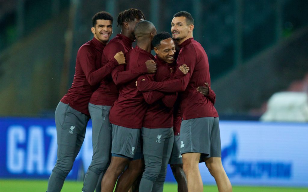 NAPLES, ITALY - Tuesday, October 2, 2018: Liverpool's L-R Dominic Solanke, Divock Origi, Daniel Sturridge, Nathaniel Clyne and Dejan Lovren during a training session ahead of the UEFA Champions League Group C match between S.S.C. Napoli and Liverpool FC at Stadio San Paolo. (Pic by David Rawcliffe/Propaganda)