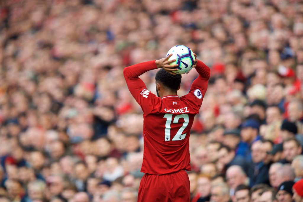 LIVERPOOL, ENGLAND - Sunday, October 7, 2018: Liverpool's Joe Gomez prepares to take a throw-in during the FA Premier League match between Liverpool FC and Manchester City FC at Anfield. (Pic by David Rawcliffe/Propaganda)