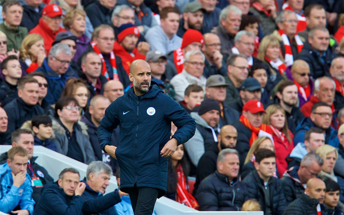 LIVERPOOL, ENGLAND - Sunday, October 7, 2018: Manchester City's manager Pep Guardiola during the FA Premier League match between Liverpool FC and Manchester City FC at Anfield. (Pic by David Rawcliffe/Propaganda)