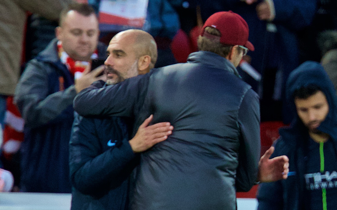 LIVERPOOL, ENGLAND - Sunday, October 7, 2018: Liverpool's manager J¸rgen Klopp and Manchester City's manager Pep Guardiola after the FA Premier League match between Liverpool FC and Manchester City FC at Anfield. (Pic by David Rawcliffe/Propaganda)