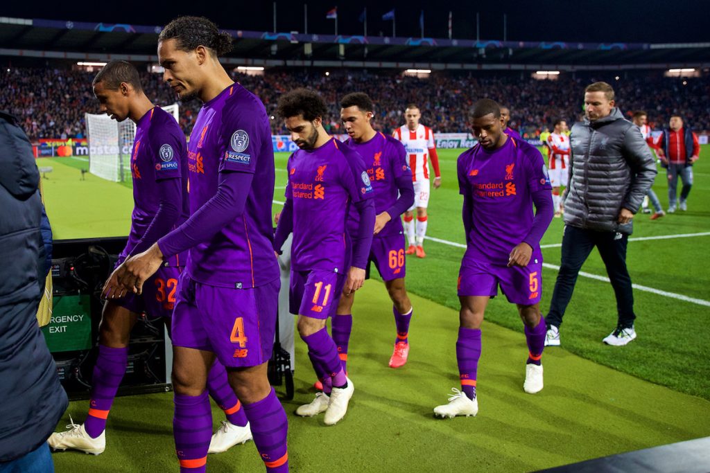 BELGRADE, SERBIA - Tuesday, November 6, 2018: Liverpool's Joel Matip, Virgil van Dijk, Mohamed Salah, Trent Alexander-Arnold and Georginio Wijnaldum walk to the tunnel at half-time with their side losing 2-0 during the UEFA Champions League Group C match between FK Crvena zvezda (Red Star Belgrade) and Liverpool FC at Stadion Rajko Miti?. (Pic by David Rawcliffe/Propaganda)