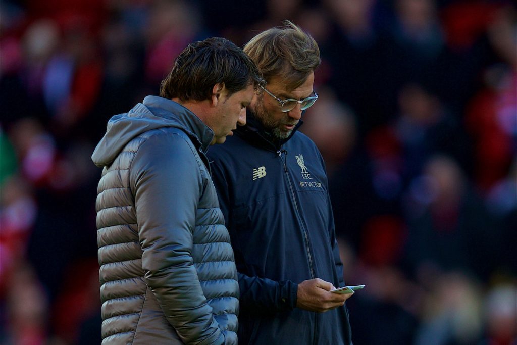 LIVERPOOL, ENGLAND - Sunday, November 11, 2018: Liverpool's manager J¸rgen Klopp (R) and first team coach Peter Krawietz during the FA Premier League match between Liverpool FC and Fulham FC at Anfield. (Pic by David Rawcliffe/Propaganda)