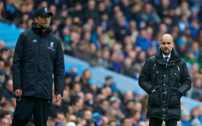Manchester City's manager Pep Guardiola and Liverpool's manager Jurgen Klopp during the FA Premier League match at the City of Manchester Stadium.