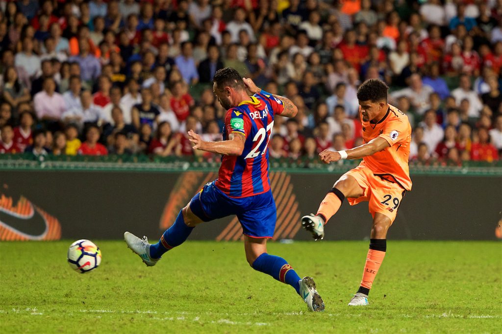 HONG KONG, CHINA - Wednesday, July 19, 2017: Liverpool's Dominic Solanke scores the first goal against Crystal Palace during the Premier League Asia Trophy match between Liverpool and Crystal Palace at the Hong Kong International Stadium. (Pic by David Rawcliffe/Propaganda)