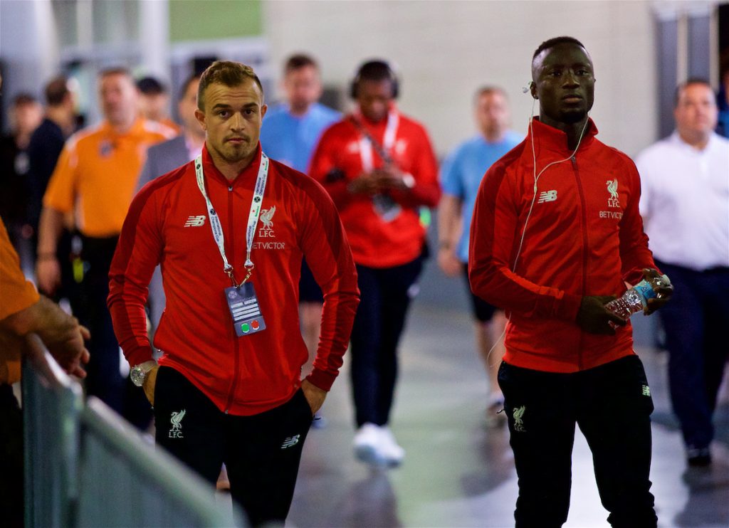 NEW JERSEY, USA - Wednesday, July 25, 2018: Liverpool's new signing new signings Xherdan Shaqiri (left) and Naby Keita (right) arrive before a preseason International Champions Cup match between Manchester City FC and Liverpool FC at the Met Life Stadium. (Pic by David Rawcliffe/Propaganda)