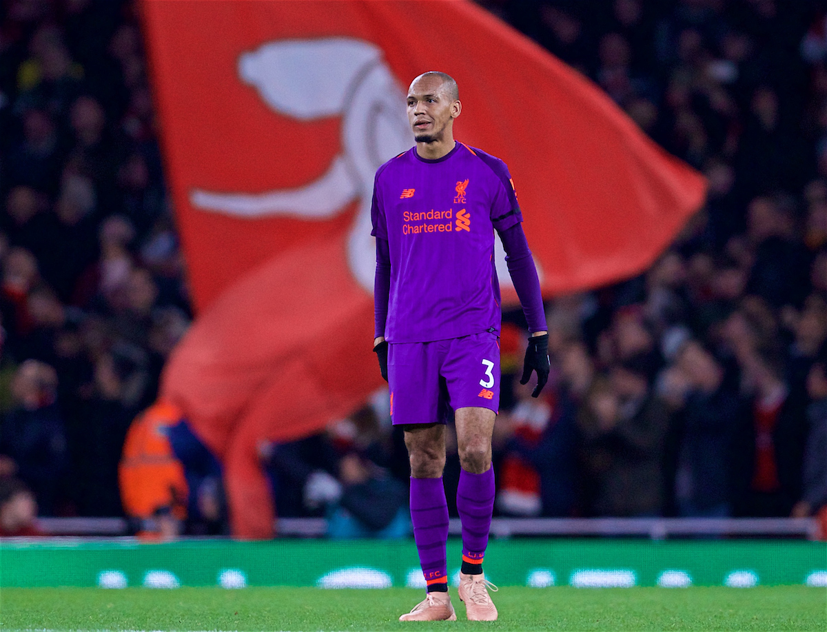 LONDON, ENGLAND - Saturday, November 3, 2018: Liverpool's Fabio Henrique Tavares 'Fabinho' looks dejected as Arsenal scored an equalising goal during the FA Premier League match between Arsenal FC and Liverpool FC at Emirates Stadium. (Pic by David Rawcliffe/Propaganda)