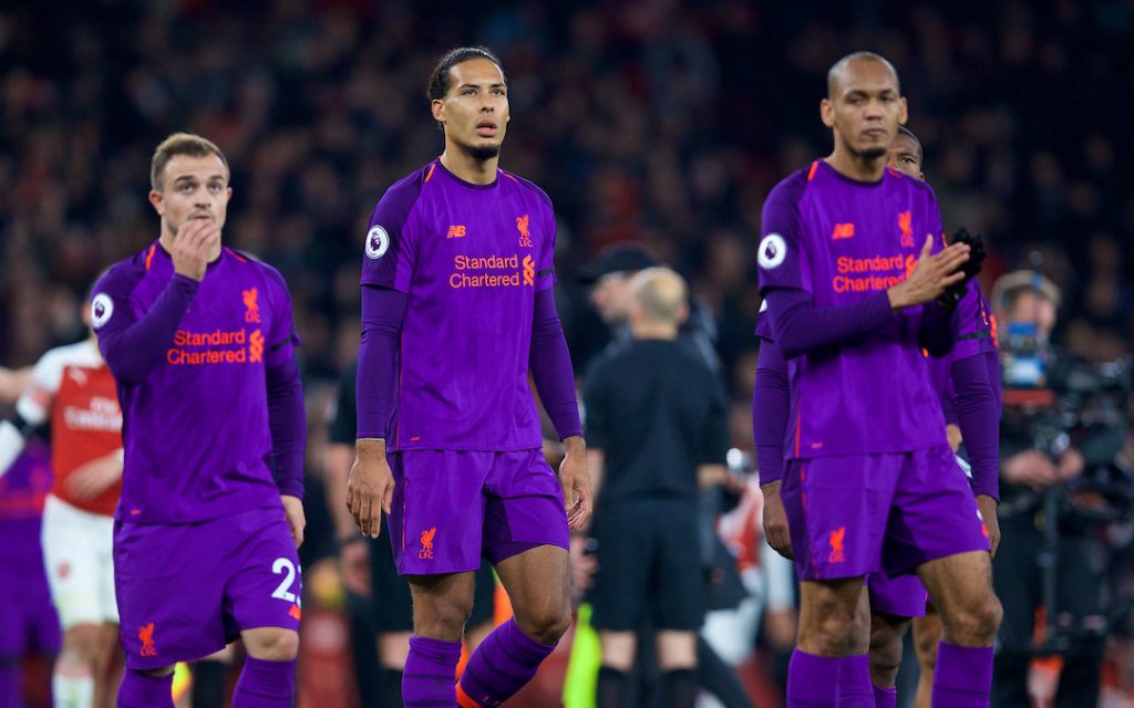 LONDON, ENGLAND - Saturday, November 3, 2018: Liverpool's Xherdan Shaqiri (L), captain Virgil van Dijk (C) and Fabio Henrique Tavares 'Fabinho' (R) after the FA Premier League match between Arsenal FC and Liverpool FC at Emirates Stadium. (Pic by David Rawcliffe/Propaganda)