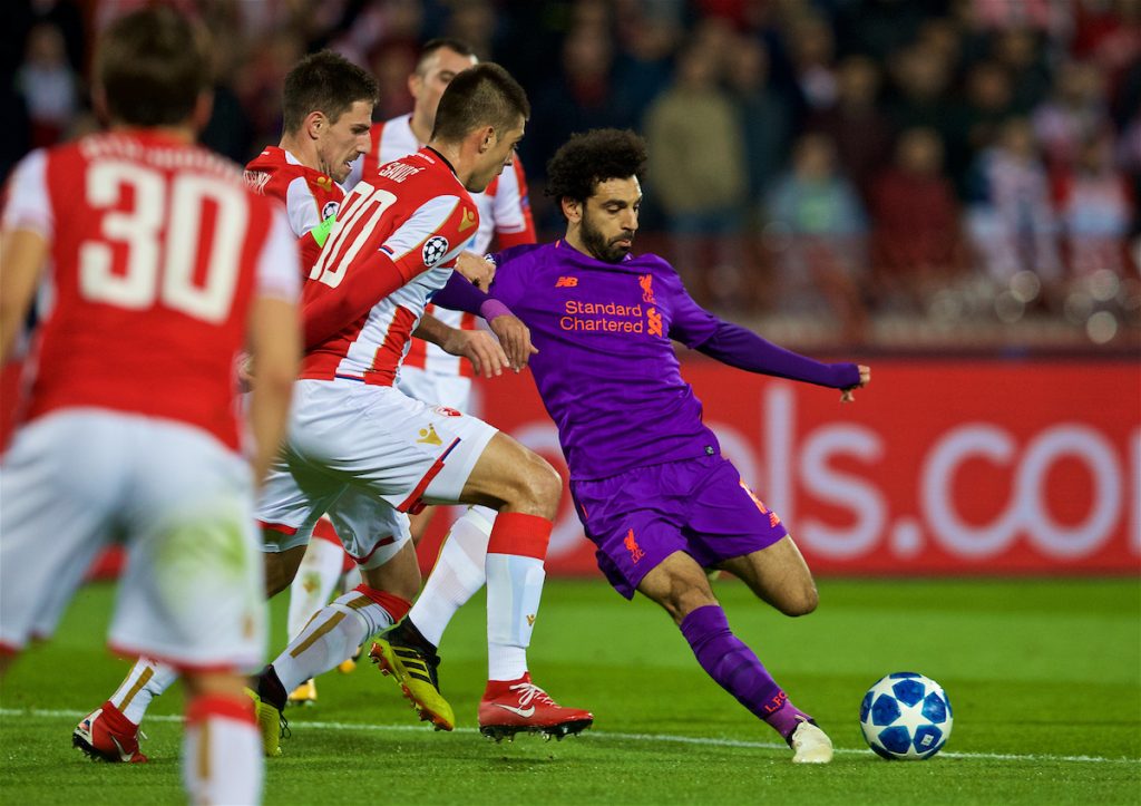 BELGRADE, SERBIA - Tuesday, November 6, 2018: Liverpool's Mohamed Salah during the UEFA Champions League Group C match between FK Crvena zvezda (Red Star Belgrade) and Liverpool FC at Stadion Rajko Miti?. (Pic by David Rawcliffe/Propaganda)