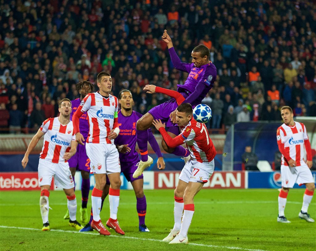 BELGRADE, SERBIA - Tuesday, November 6, 2018: Liverpool's Joe Gomez and FK Crvena zvezda Marko Gobelji?v during the UEFA Champions League Group C match between FK Crvena zvezda (Red Star Belgrade) and Liverpool FC at Stadion Rajko Miti?. (Pic by David Rawcliffe/Propaganda)