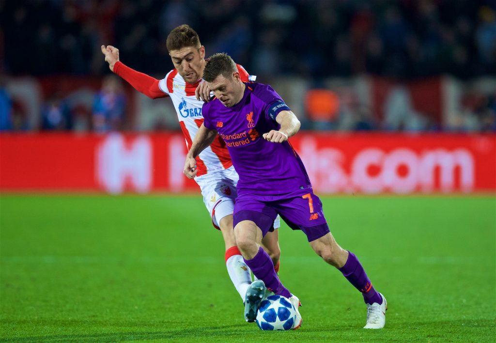 BELGRADE, SERBIA - Tuesday, November 6, 2018: Liverpool's captain James Milner is tackled by FK Crvena zvezda Milan Pavkov during the UEFA Champions League Group C match between FK Crvena zvezda (Red Star Belgrade) and Liverpool FC at Stadion Rajko Miti?. (Pic by David Rawcliffe/Propaganda)