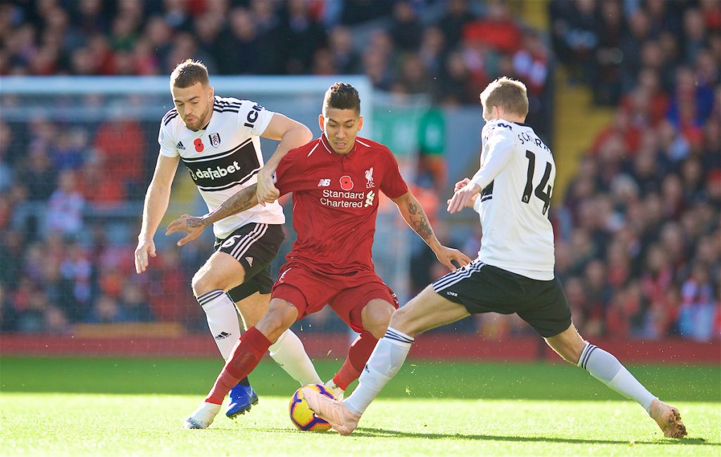 LIVERPOOL, ENGLAND - Sunday, November 11, 2018: Liverpool's Roberto Firmino during the FA Premier League match between Liverpool FC and Fulham FC at Anfield. (Pic by David Rawcliffe/Propaganda)