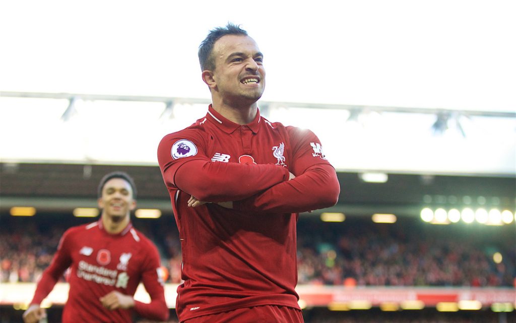 LIVERPOOL, ENGLAND - Sunday, November 11, 2018: Liverpool's Xherdan Shaqiri celebrates scoring the second goal during the FA Premier League match between Liverpool FC and Fulham FC at Anfield. (Pic by David Rawcliffe/Propaganda)