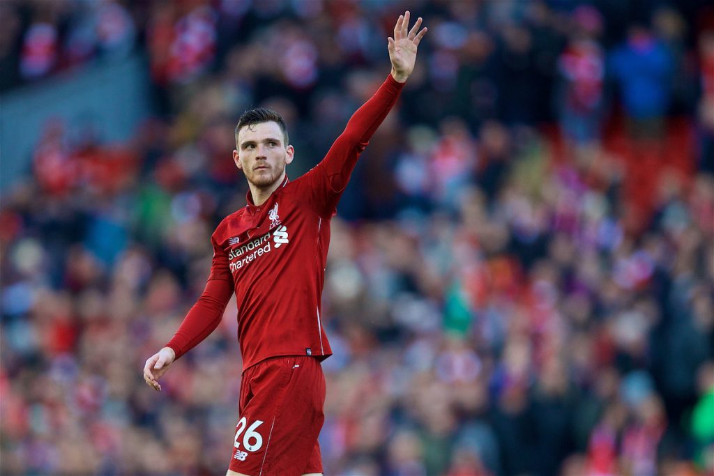 LIVERPOOL, ENGLAND - Sunday, November 11, 2018: Liverpool's Andy Robertson waves to the Kop as they sing his name after the 2-0 victory over Fulham during the FA Premier League match between Liverpool FC and Fulham FC at Anfield. (Pic by David Rawcliffe/Propaganda)