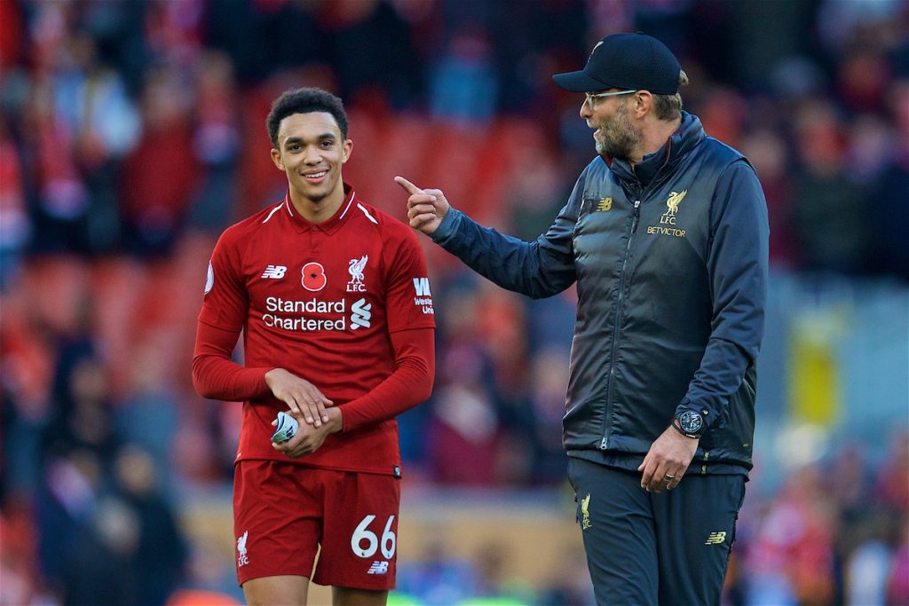 LIVERPOOL, ENGLAND - Sunday, November 11, 2018: Liverpool's Trent Alexander-Arnold (L) and manager Jürgen Klopp after the 2-0 victory over Fulham during the FA Premier League match between Liverpool FC and Fulham FC at Anfield. (Pic by David Rawcliffe/Propaganda)