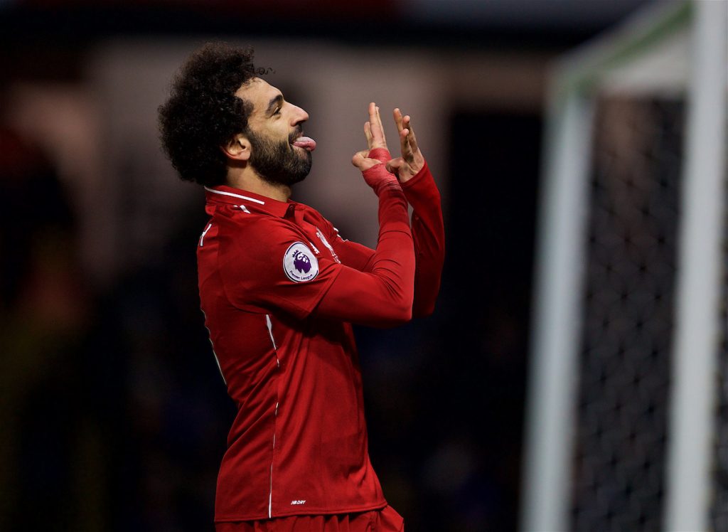 WATFORD, ENGLAND - Saturday, November 24, 2018: Liverpool's Mohamed Salah celebrates scoring the first goal during the FA Premier League match between Watford FC and Liverpool FC at Vicarage Road. (Pic by David Rawcliffe/Propaganda)