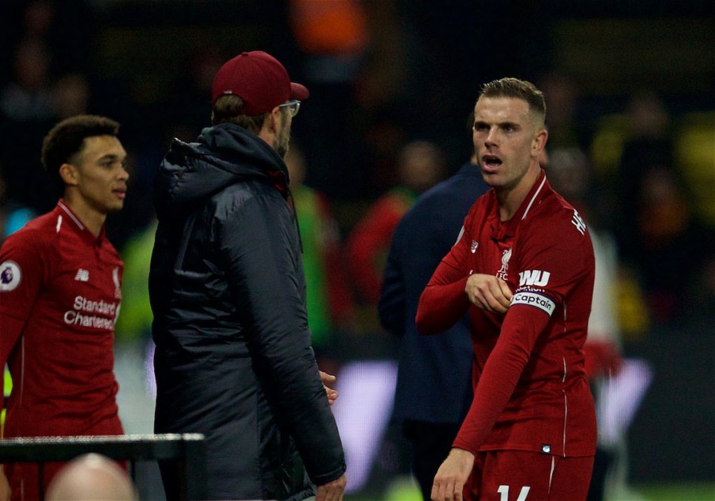 WATFORD, ENGLAND - Saturday, November 24, 2018: Liverpool's captain Jordan Henderson takes off his captain's arm band after being sent off for a second yellow card during the FA Premier League match between Watford FC and Liverpool FC at Vicarage Road. (Pic by David Rawcliffe/Propaganda)