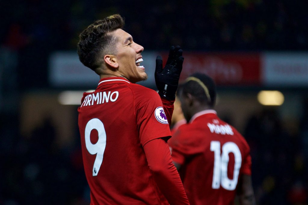 WATFORD, ENGLAND - Saturday, November 24, 2018: Liverpool's Roberto Firmino celebrates scoring the third goal during the FA Premier League match between Watford FC and Liverpool FC at Vicarage Road. (Pic by David Rawcliffe/Propaganda)