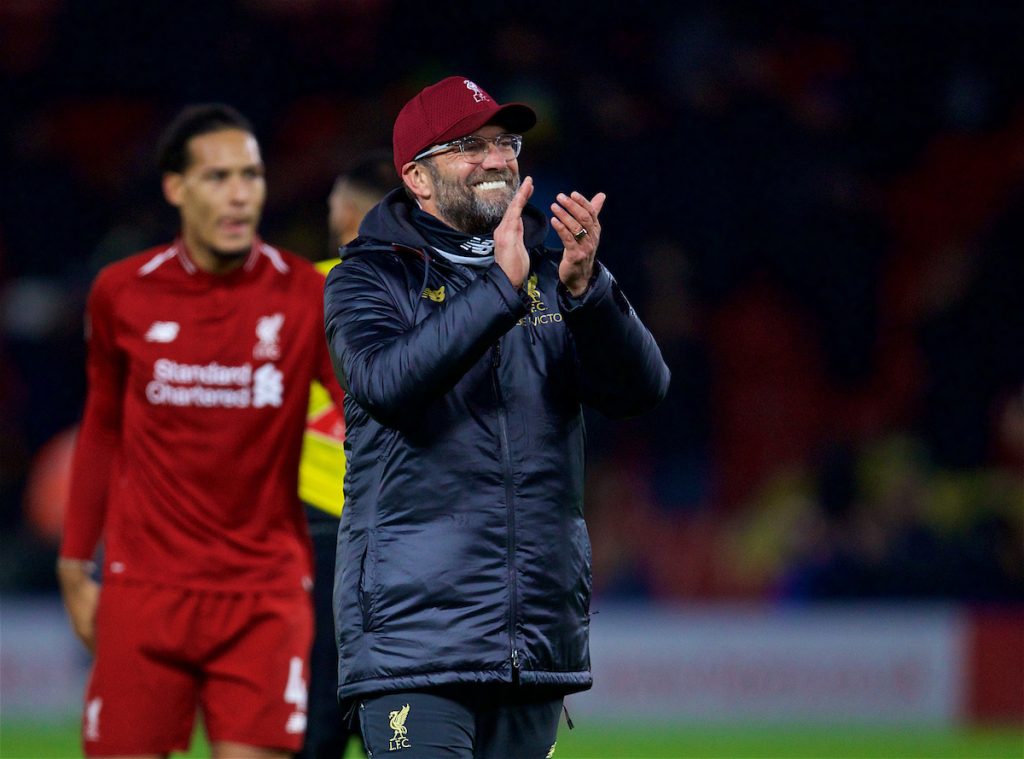 WATFORD, ENGLAND - Saturday, November 24, 2018: Liverpool's manager Jürgen Klopp after the FA Premier League match between Watford FC and Liverpool FC at Vicarage Road. Liverpool won 3-0. Pic by David Rawcliffe/Propaganda)