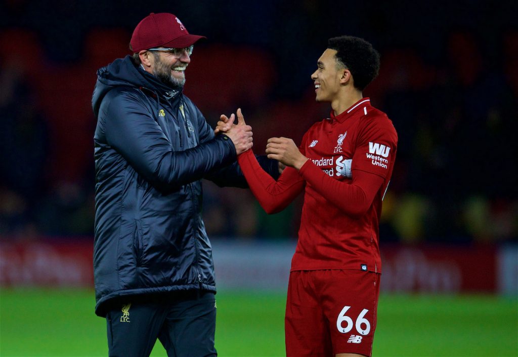 WATFORD, ENGLAND - Saturday, November 24, 2018: Liverpool's manager Jürgen Klopp (L) and Trent Alexander-Arnold after the FA Premier League match between Watford FC and Liverpool FC at Vicarage Road. Liverpool won 3-0. Pic by David Rawcliffe/Propaganda)