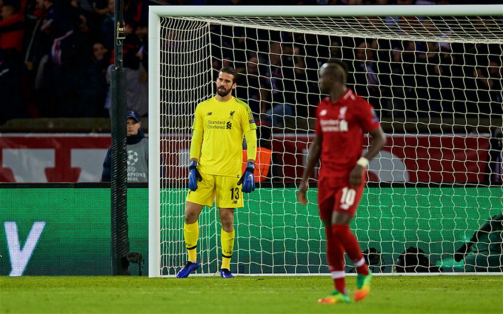 PARIS, FRANCE - Wednesday, November 28, 2018: Liverpool's goalkeeper Alisson Becker looks dejected after conceding the first goal during the UEFA Champions League Group C match between Paris Saint-Germain and Liverpool FC at Parc des Princes. (Pic by David Rawcliffe/Propaganda)