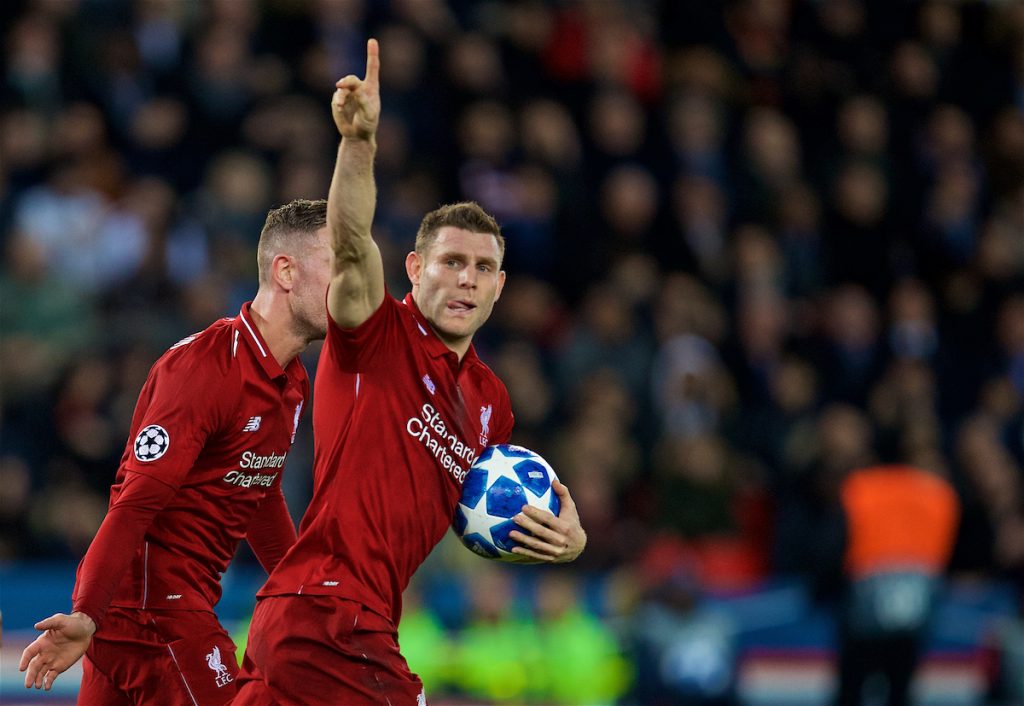 PARIS, FRANCE - Wednesday, November 28, 2018: Liverpool's captain James Milner celebrates scoring the first goal during the UEFA Champions League Group C match between Paris Saint-Germain and Liverpool FC at Parc des Princes. (Pic by David Rawcliffe/Propaganda)