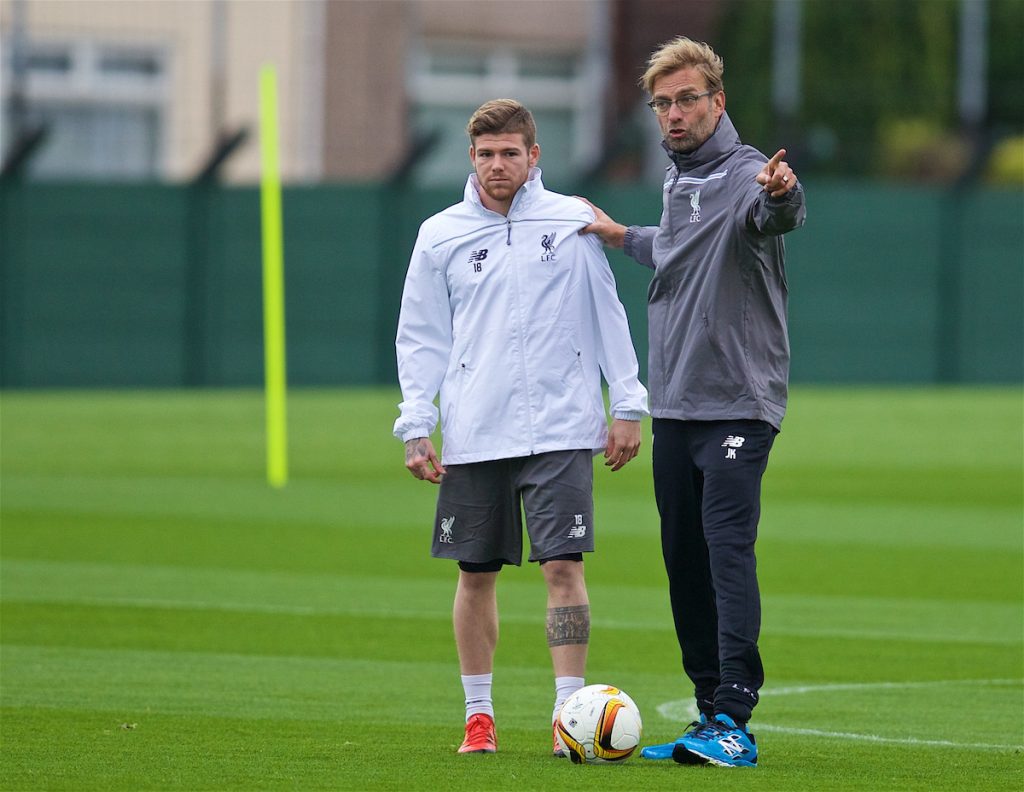 LIVERPOOL, ENGLAND - Wednesday, October 21, 2015: Liverpool's manager Jürgen Klopp with Alberto Moreno during a training session at Melwood Training Ground ahead of the UEFA Europa League Group Stage Group B match against FC Rubin Kazan. (Pic by David Rawcliffe/Propaganda)