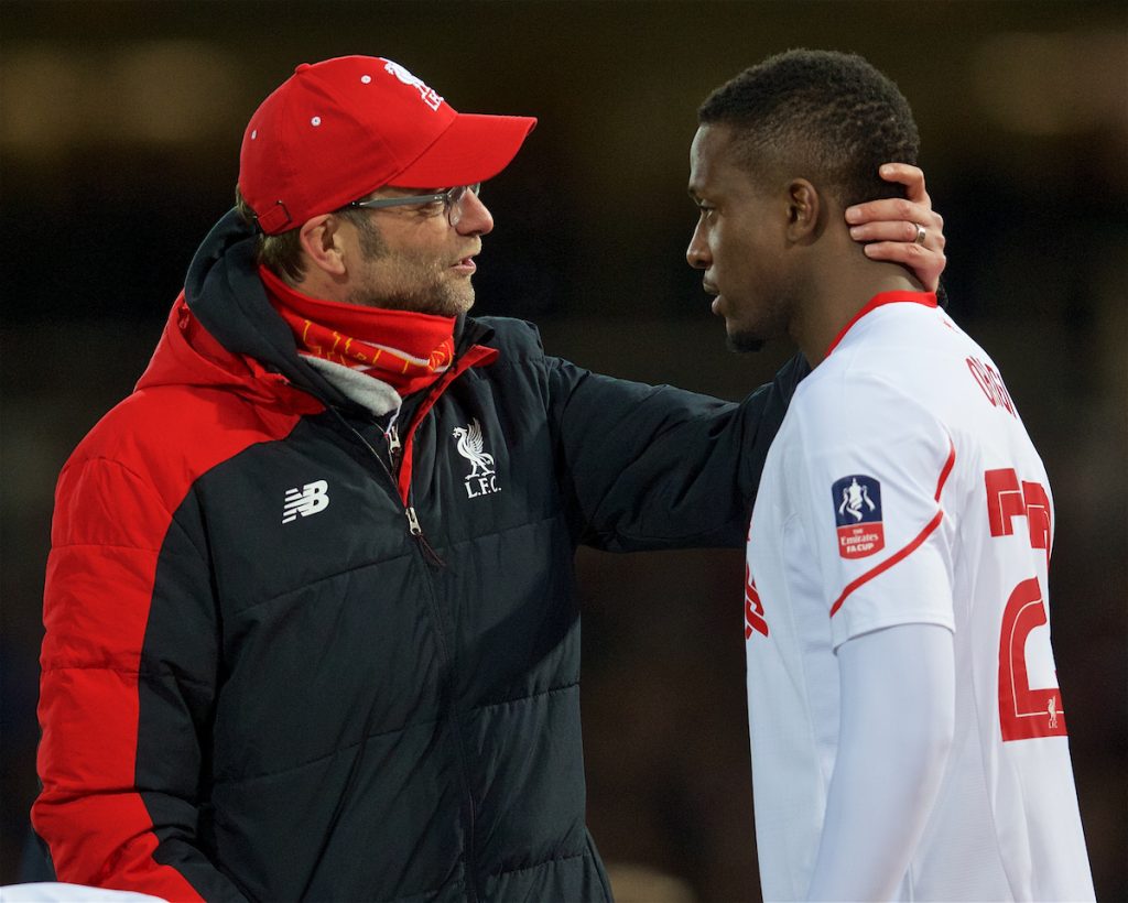 LONDON, ENGLAND - Tuesday, February 9, 2016: Liverpool's manager Jürgen Klopp and Divock Origi during the FA Cup 4th Round Replay match against West Ham United at Upton Park. (Pic by David Rawcliffe/Propaganda)