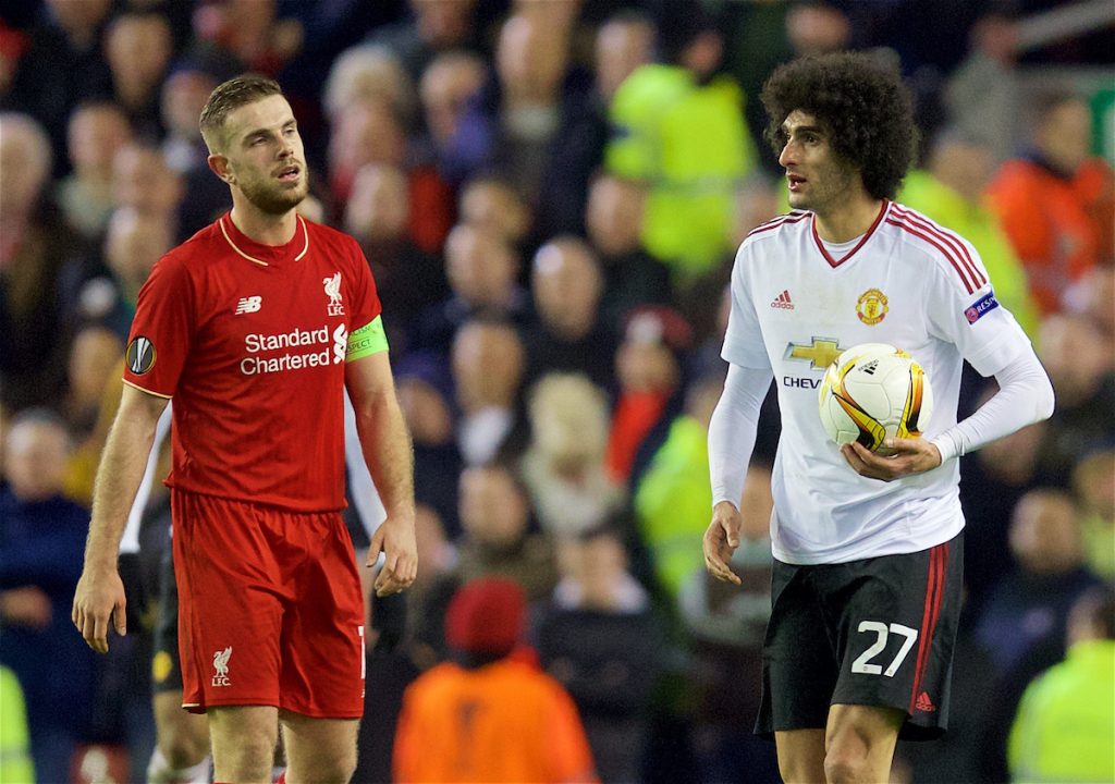 LIVERPOOL, ENGLAND - Thursday, March 10, 2016: Liverpool's captain Jordan Henderson and Manchester United's Marouane Fellaini during the UEFA Europa League Round of 16 1st Leg match at Anfield. (Pic by David Rawcliffe/Propaganda)