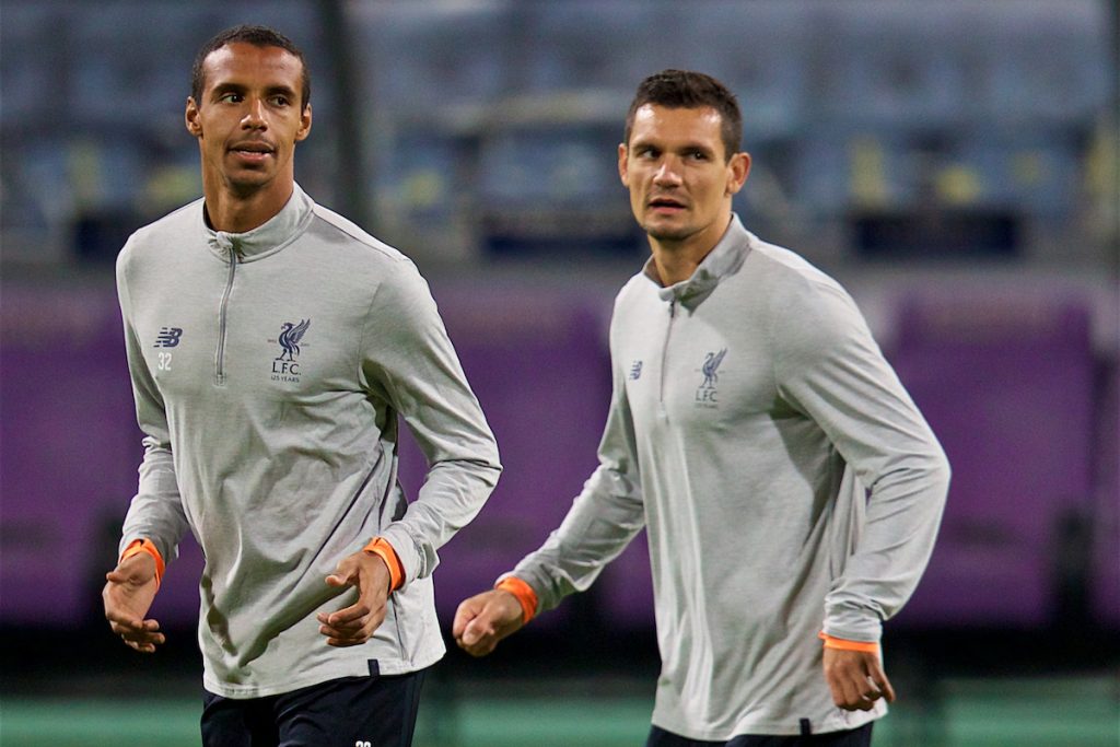 MARIBOR, SLOVENIA - Monday, October 16, 2017: Liverpool's Joel Matip and Dejan Lovren during a training session ahead of the UEFA Champions League Group E match between NK Maribor and Liverpool at the Stadion Ljudski vrt. (Pic by David Rawcliffe/Propaganda)