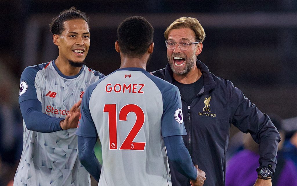 LONDON, ENGLAND - Monday, August 20, 2018: Liverpool's manager J¸rgen Klopp celebrates with Virgil van Dijk (L) and Joe Gomez (C) after the FA Premier League match between Crystal Palace and Liverpool FC at Selhurst Park. Liverpool won 2-0. (Pic by David Rawcliffe/Propaganda)