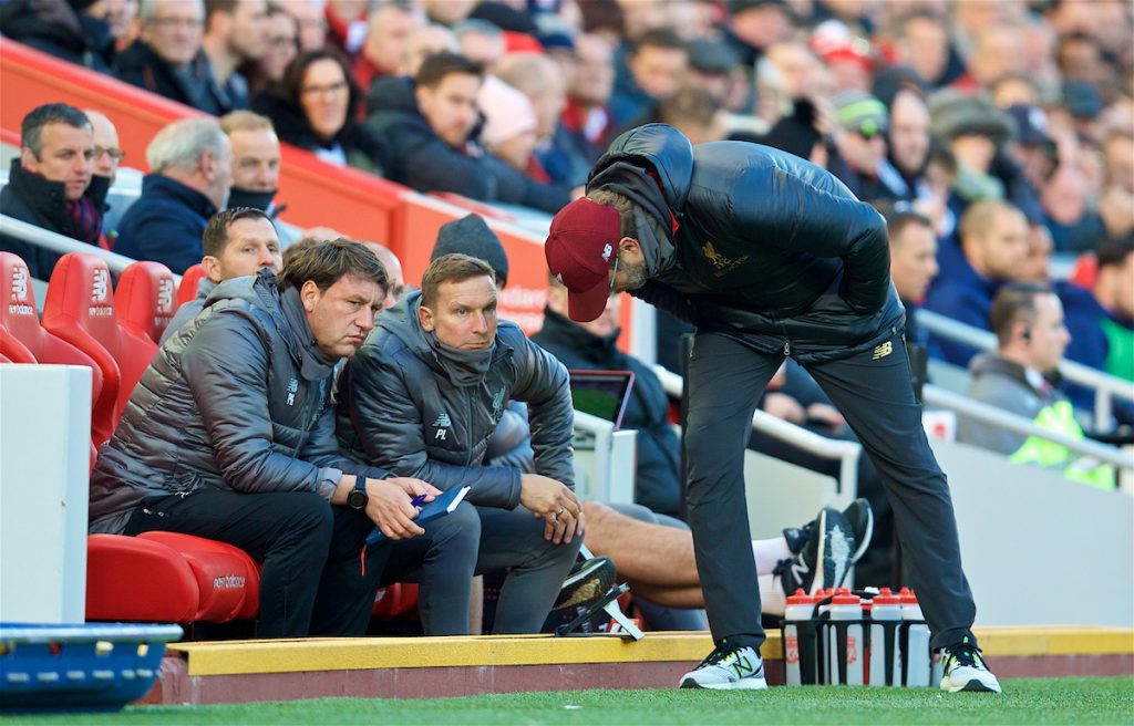 LIVERPOOL, ENGLAND - Saturday, October 27, 2018: Liverpool's manager Jürgen Klopp consults first team coach Peter Krawietz (L) an first-team development coach Pepijn Lijnders (C) during the FA Premier League match between Liverpool FC and Cardiff City FC at Anfield. (Pic by David Rawcliffe/Propaganda)