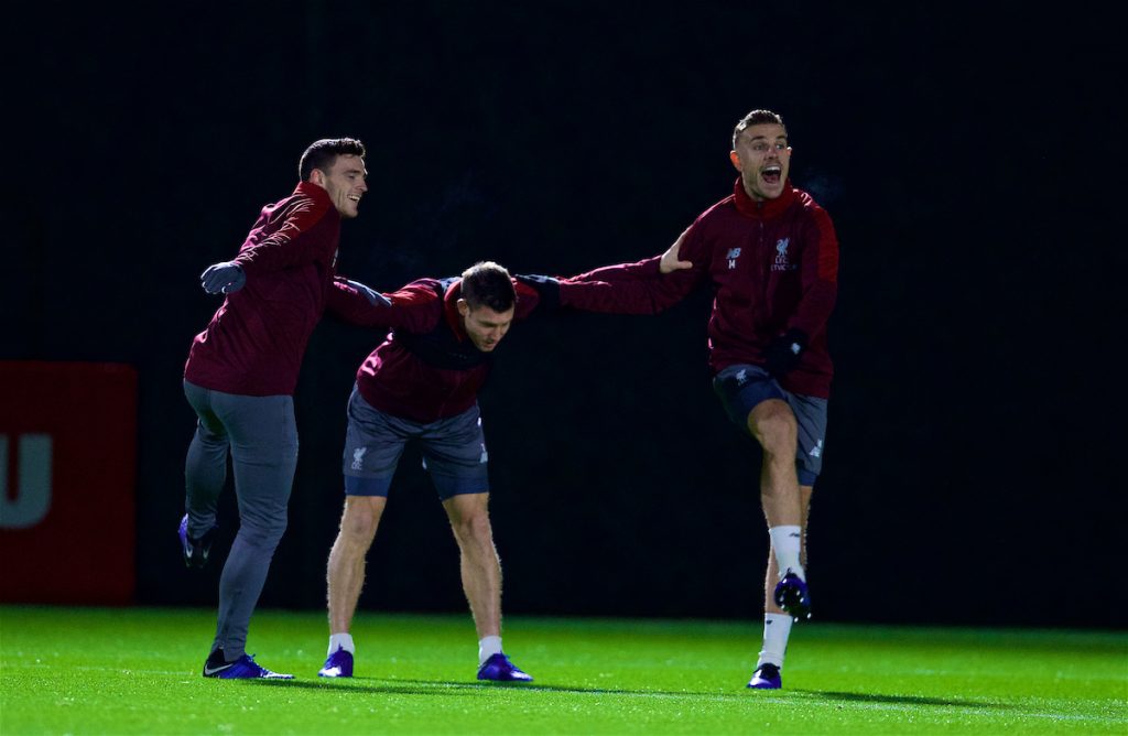 LIVERPOOL, ENGLAND - Monday, December 10, 2018: Liverpool's Andy Robertson, James Milner and captain Jordan Henderson during a training session at Melwood Training Ground ahead of the UEFA Champions League Group C match between Liverpool FC and SSC Napoli. (Pic by David Rawcliffe/Propaganda)