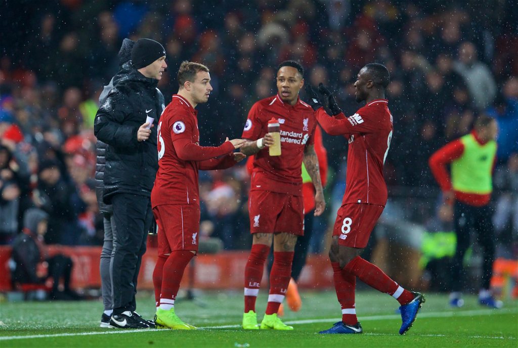 LIVERPOOL, ENGLAND - Sunday, December 16, 2018: Liverpool's Naby Keita is replaced by substitute Xherdan Shaqiri during the FA Premier League match between Liverpool FC and Manchester United FC at Anfield. (Pic by David Rawcliffe/Propaganda)