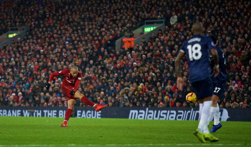 LIVERPOOL, ENGLAND - Sunday, December 16, 2018: Liverpool's Fabio Henrique Tavares 'Fabinho' shoots during the FA Premier League match between Liverpool FC and Manchester United FC at Anfield. (Pic by David Rawcliffe/Propaganda)