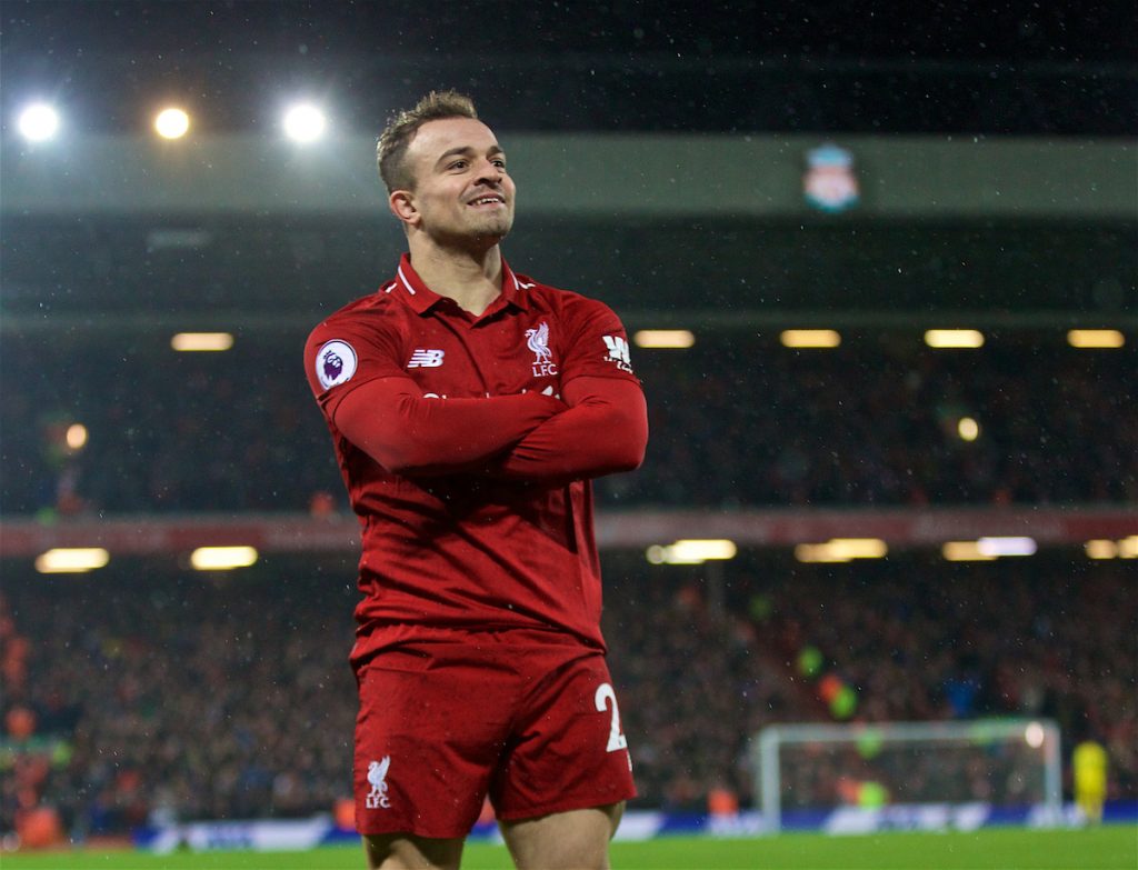 LIVERPOOL, ENGLAND - Sunday, December 16, 2018: Liverpool's substitute Xherdan Shaqiri celebrates scoring the second goal during the FA Premier League match between Liverpool FC and Manchester United FC at Anfield. Liverpool won 3-1. (Pic by David Rawcliffe/Propaganda)