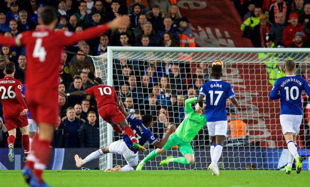 LIVERPOOL, ENGLAND - Sunday, December 2, 2018: Liverpool's Sadio Mane sees his shot go over the bar during the FA Premier League match between Liverpool FC and Everton FC at Anfield, the 232nd Merseyside Derby. (Pic by Paul Greenwood/Propaganda)