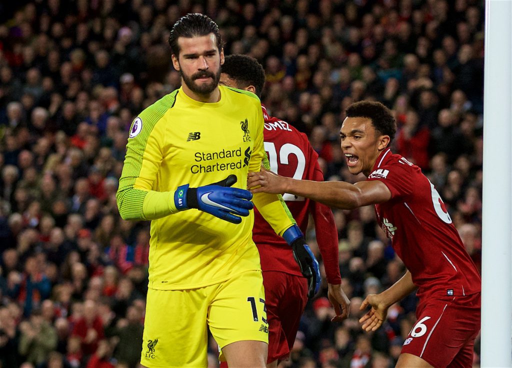 LIVERPOOL, ENGLAND - Sunday, December 2, 2018: Liverpool's Trent Alexander-Arnold congratulates goalkeeper Alisson Becker on a save during the FA Premier League match between Liverpool FC and Everton FC at Anfield, the 232nd Merseyside Derby. (Pic by Paul Greenwood/Propaganda)