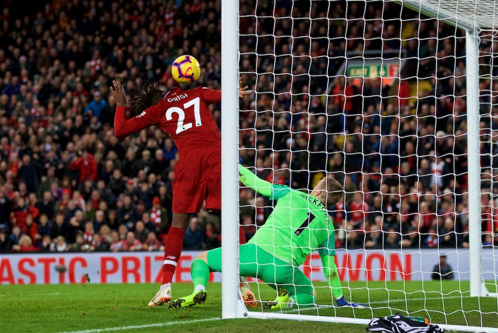 LIVERPOOL, ENGLAND - Sunday, December 2, 2018: Liverpool's substitute Divock Origi scores the winning goal deep into injury time after a terrible error by Everton's goalkeeper Jordan Pickford during the FA Premier League match between Liverpool FC and Everton FC at Anfield, the 232nd Merseyside Derby. Liverpool won 1-0. (Pic by Paul Greenwood/Propaganda)