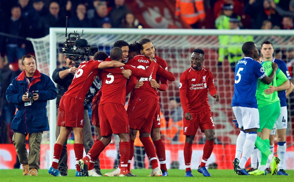 LIVERPOOL, ENGLAND - Sunday, December 2, 2018: Liverpool players celebrate after a dramatic late injury time winning goal from Divock Origi during the FA Premier League match between Liverpool FC and Everton FC at Anfield, the 232nd Merseyside Derby. Liverpool won 1-0. (Pic by Paul Greenwood/Propaganda)