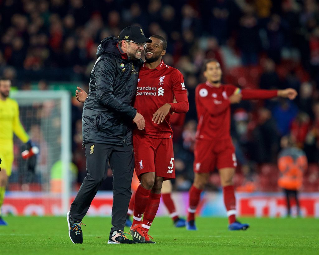 LIVERPOOL, ENGLAND - Sunday, December 2, 2018: Liverpool's manager Jürgen Klopp and Georginio Wijnaldum celebrate after a dramatic late injury time victory during the FA Premier League match between Liverpool FC and Everton FC at Anfield, the 232nd Merseyside Derby. Liverpool won 1-0. (Pic by Paul Greenwood/Propaganda)