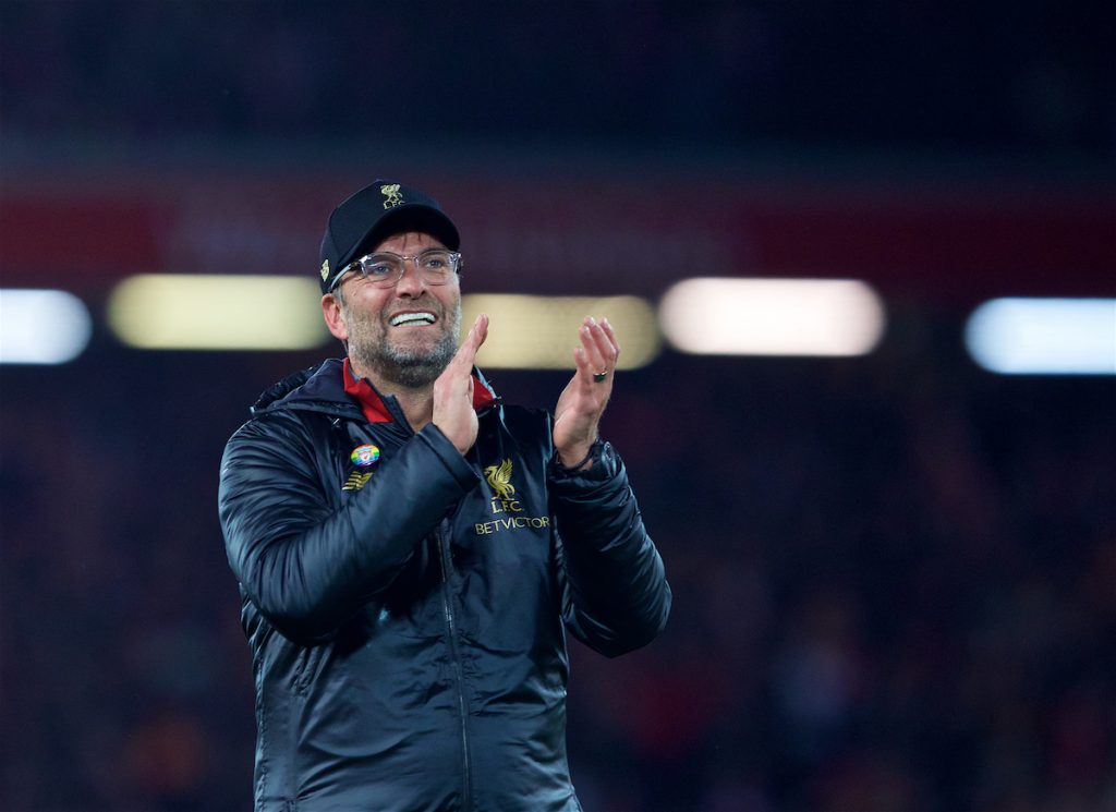 LIVERPOOL, ENGLAND - Sunday, December 2, 2018: Liverpool's manager Jürgen Klopp celebrates after a dramatic late injury time victory during the FA Premier League match between Liverpool FC and Everton FC at Anfield, the 232nd Merseyside Derby. Liverpool won 1-0. (Pic by Paul Greenwood/Propaganda)