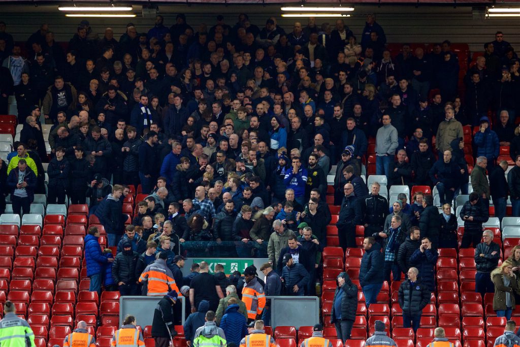 LIVERPOOL, ENGLAND - Sunday, December 2, 2018: Everton supporters head for the exits dejected after a late injury time winning goal for Liverpool during the FA Premier League match between Liverpool FC and Everton FC at Anfield, the 232nd Merseyside Derby. (Pic by Paul Greenwood/Propaganda)